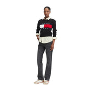 Pull Tommy Hilfiger noir pour femme en maille de coton biologique avec rayures logo blanches et rouges sur chemise crème