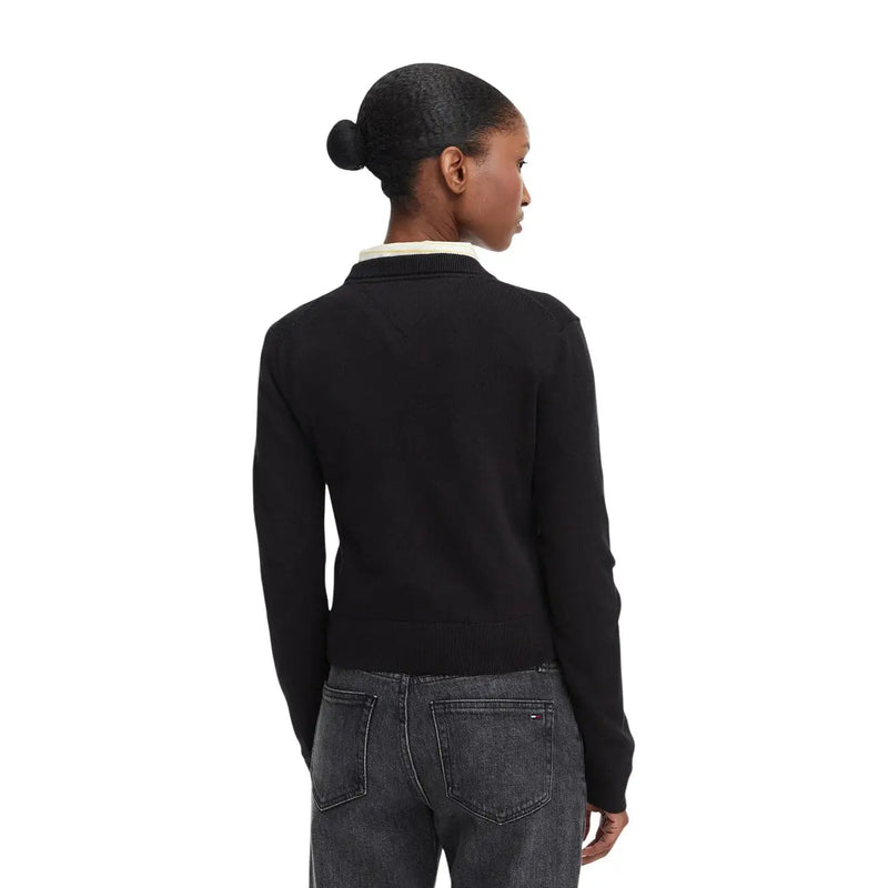 Tommy Hilfiger Pull à manches longues en maille de coton biologique noir pour femme, avec col côtelé crème