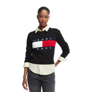 Tommy Hilfiger Pull en maille pour femme en coton biologique noir avec un logo drapeau rouge, blanc et bleu marine audacieux sur la poitrine