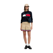 Pull Tommy Hilfiger pour femme, bleu marine, en maille, avec logo rayé rouge, blanc et bleu marine, en coton biologique