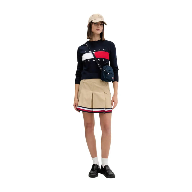 Pull Tommy Hilfiger pour femme, bleu marine, en maille, avec logo rayé rouge, blanc et bleu marine, en coton biologique