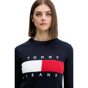 Tommy Hilfiger Pull en maille pour femme en coton biologique bleu marine avec logo à rayures horizontales blanches et rouges sur la poitrine