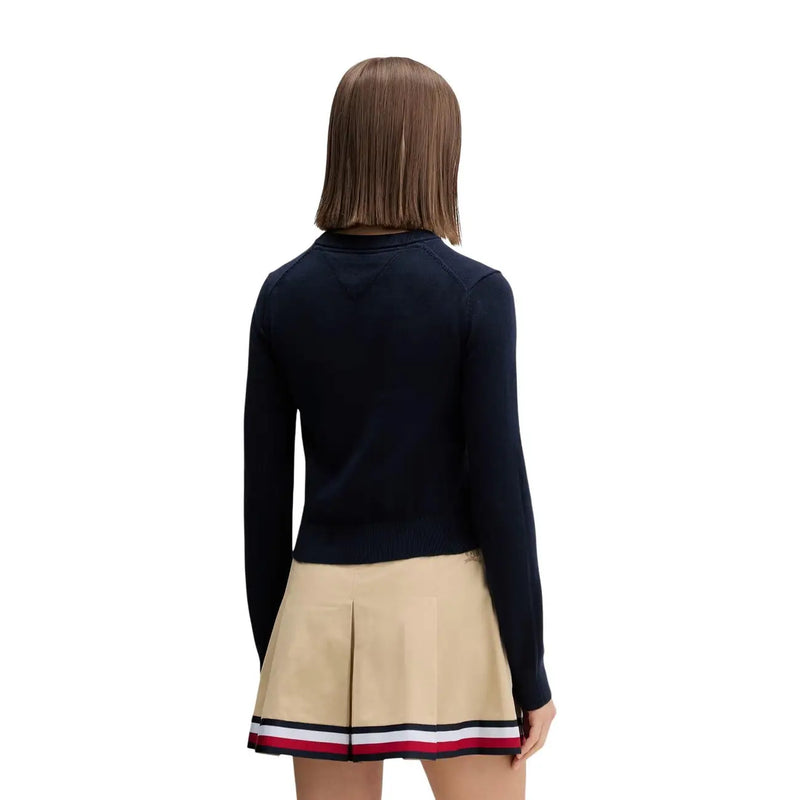 pull bleu marine à manches longues top avec poignets et ourlet côtelés en coton biologique par Tommy Hilfiger tricots pour femmes