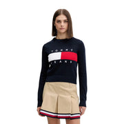 Pull Tommy Hilfiger pour femme, bleu marine, à rayures logo blanches et rouges, en coton biologique