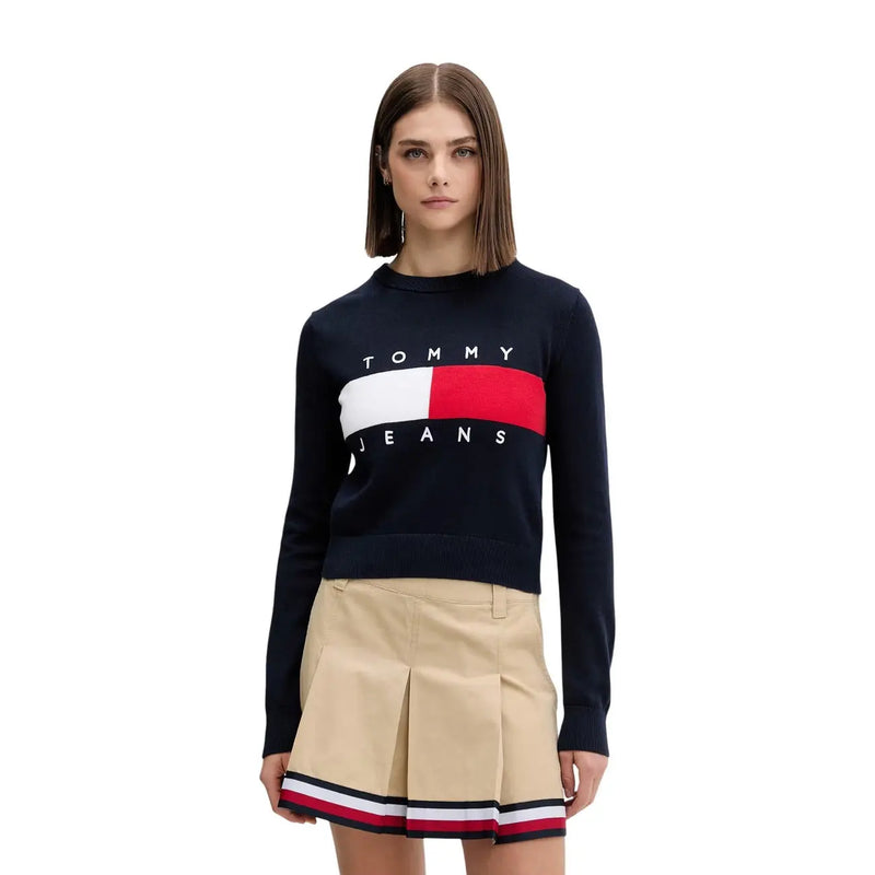Pull Tommy Hilfiger pour femme, bleu marine, à rayures logo blanches et rouges, en coton biologique