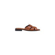 Tommy Hilfiger women leather slippers brown slide sandal with crisscross straps and low black sole