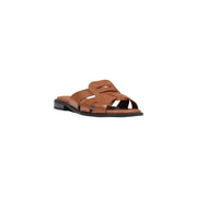 Tommy Hilfiger women leather slippers in brown with tan leather slide and woven strap design and black rubber sole