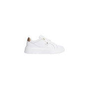 White leather Tommy Hilfiger women sneaker with gold snake skin heel accent and metallic logo details shown from back
