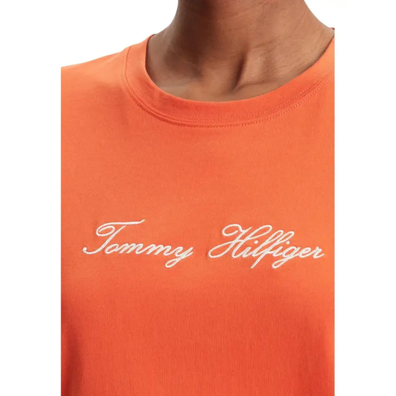 Bright orange tommy hilfiger women t-shirt made of organic cotton with white embroidered logo on the front