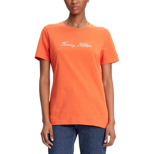 Tommy Hilfiger womens orange organic cotton t-shirt with white cursive logo