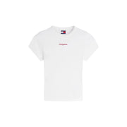 Tommy Hilfiger women organic cotton short white t shirt with red embroidered branding and flag logo at neckline