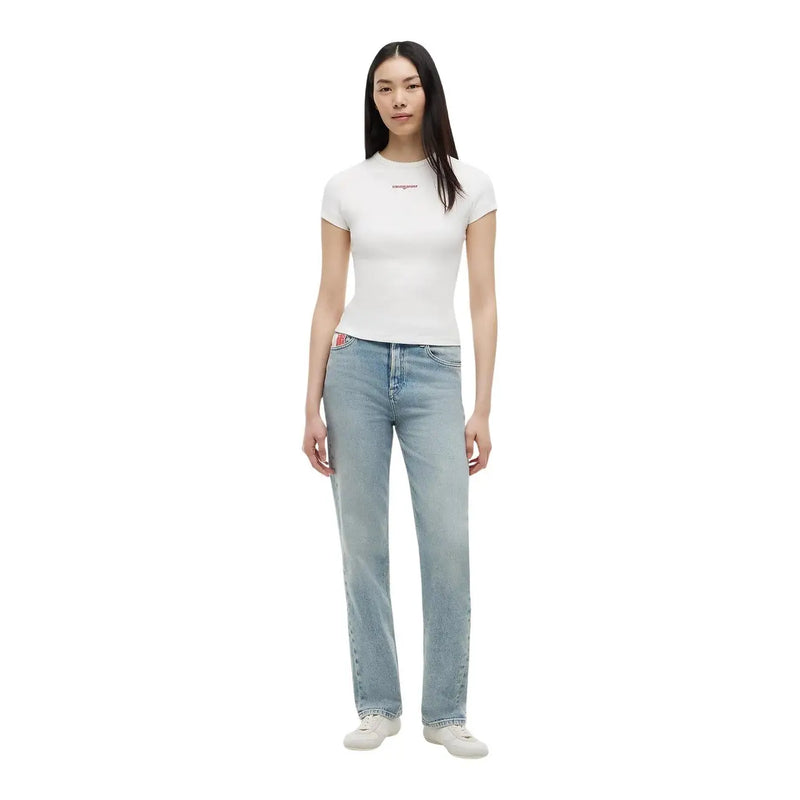 White short-sleeved fitted t-shirt with small embroidered logo made of organic cotton by Tommy Hilfiger women collection