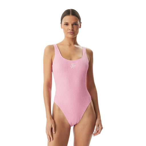 Tommy Hilfiger Maillot de bain une pièce rose côtelé pour femme, avec encolure carrée, fines bretelles et logo blanc sur la poitrine