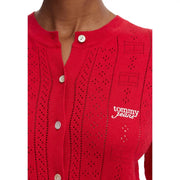 Tommy Hilfiger Pull rouge en maille pour femme, mélange de viscose, à motif perforé, boutons blancs et logo brodé.