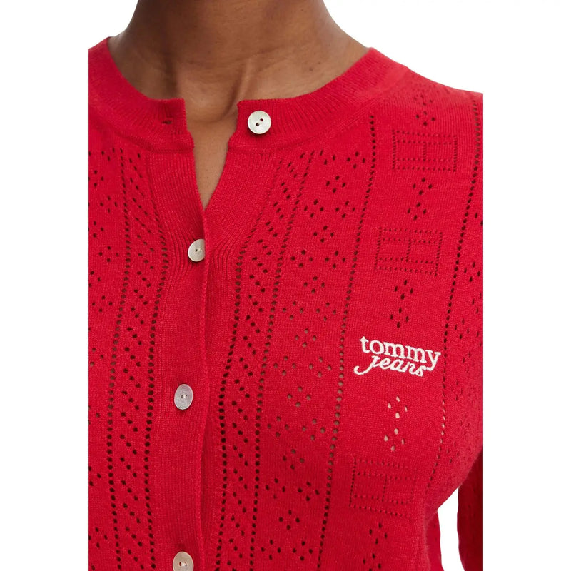 Tommy Hilfiger Pull rouge en maille pour femme, mélange de viscose, à motif perforé, boutons blancs et logo brodé.