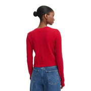 Vue de dos d'un pull Tommy Hilfiger rouge vif pour femme, en maille, avec dos côtelé et ourlet festonné, en mélange de viscose.