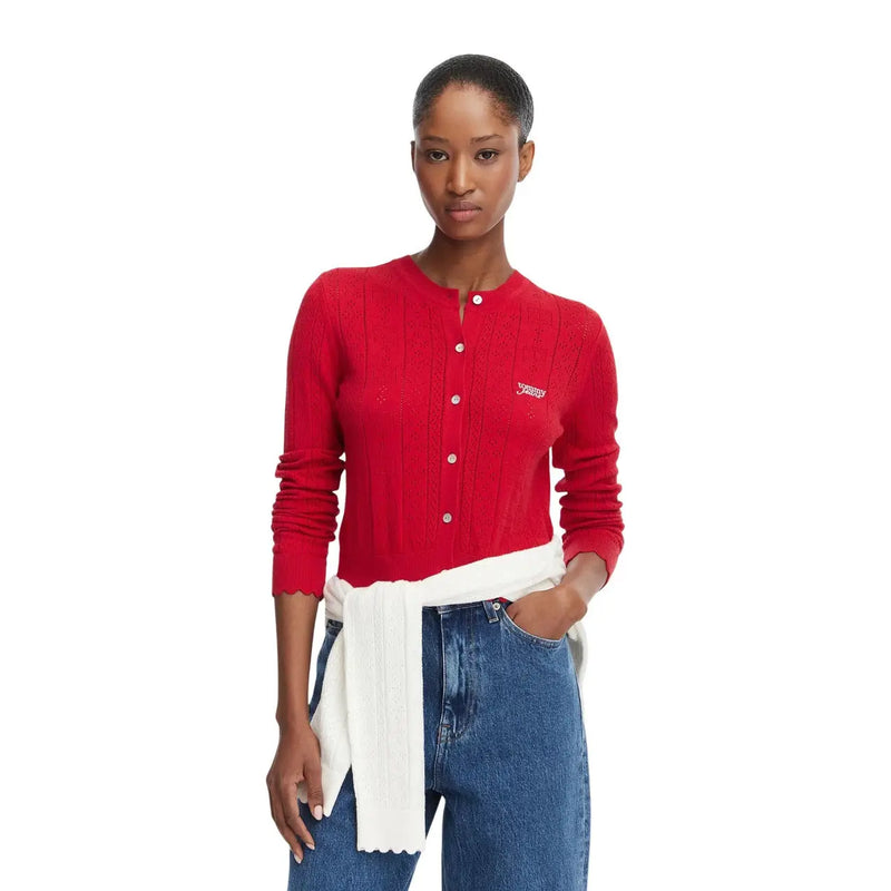 Tommy Hilfiger Gilet rouge en maille côtelée pour femme, fermeture boutonnée et logo brodé sur la poitrine, en mélange de viscose