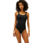Black one-piece swimsuit with thin straps and gold-toned rings at the shoulder from tommy hilfiger women red nylon scoop back collection