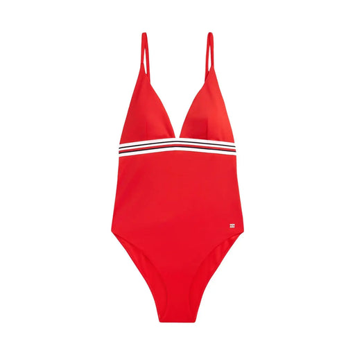 Tommy Hilfiger Maillot de bain une pièce rouge pour femme, à fines bretelles et rayures blanches, en nylon et élasthanne, style bikini triangle.