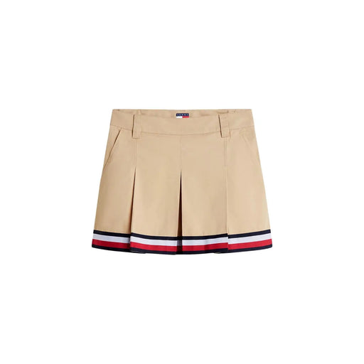 Tommy Hilfiger Mini-jupe beige en coton bio pour femme, à plis et ourlet rayé bleu marine, blanc et rouge
