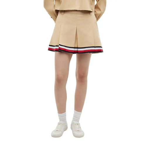 Tommy Hilfiger Mini-jupe en coton bio beige pour femme, à plis et ourlet rayé rouge, blanc et noir