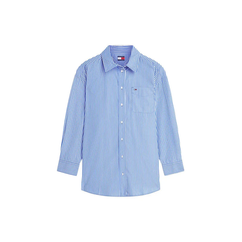 Tommy Hilfiger women striped organic cotton long shirt in blue with white vertical stripes and logo on collar and chest pocket
