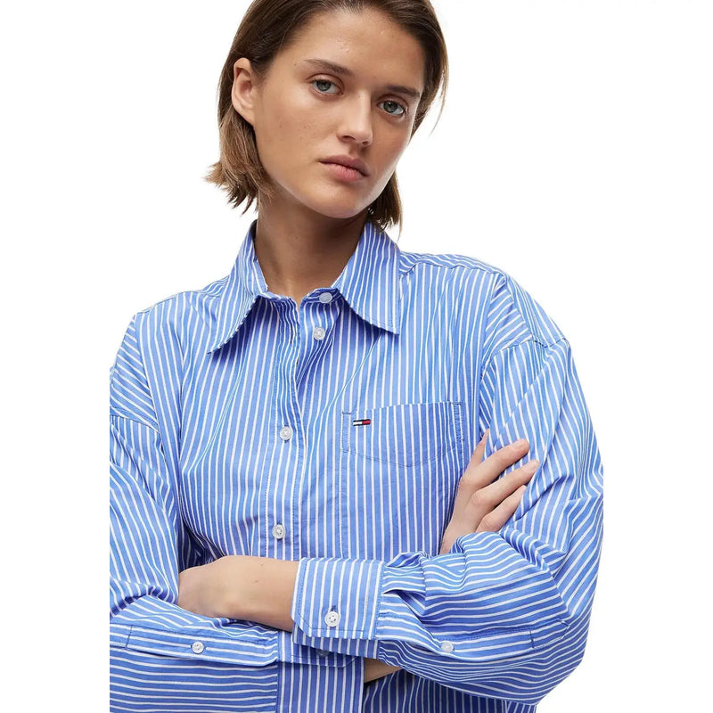 Tommy Hilfiger women striped organic cotton long shirt in blue with white vertical stripes and chest pocket logo