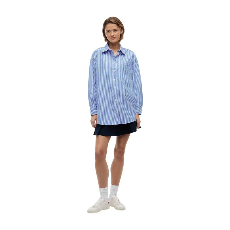 Tommy Hilfiger women striped organic cotton long shirt dress in blue and white vertical stripes front view