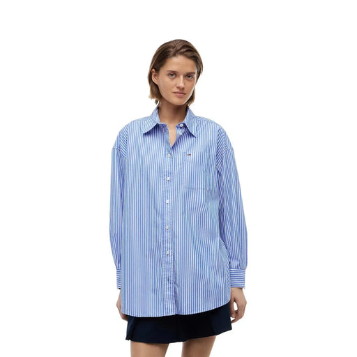 Tommy Hilfiger Chemise longue rayée en coton biologique pour femme, bleue avec rayures verticales blanches et logo brodé