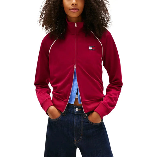 Tommy Hilfiger Sweat-shirt femme bordeaux à col roulé zippé avec un motif de veste de survêtement rouge vif et des détails passepoilés blancs