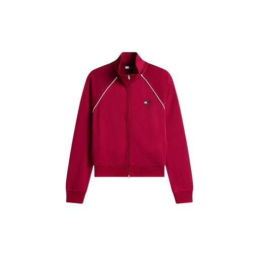 Un sweat-shirt Tommy Hilfiger pour femme, rouge vif, bordeaux, à col roulé zippé, avec liseré blanc et logo brodé