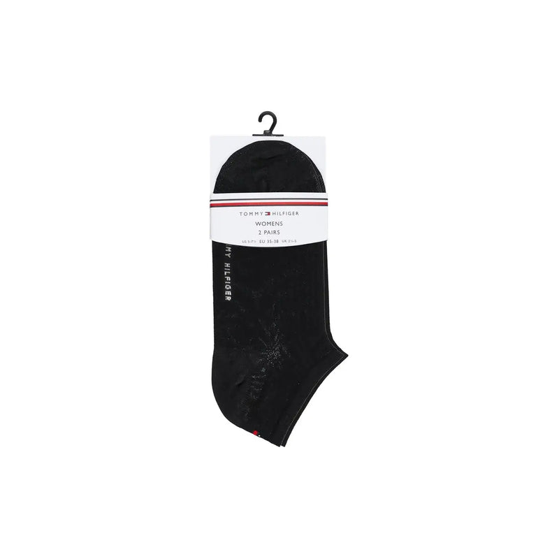 Tommy Hilfiger Chaussettes courtes noires en coton pour femme, lot de deux paires, avec étiquette rayée rouge et blanche signature 701233234