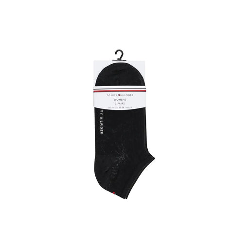 Tommy Hilfiger Chaussettes courtes noires en coton pour femme, lot de deux paires, avec étiquette rayée rouge et blanche signature 701233234