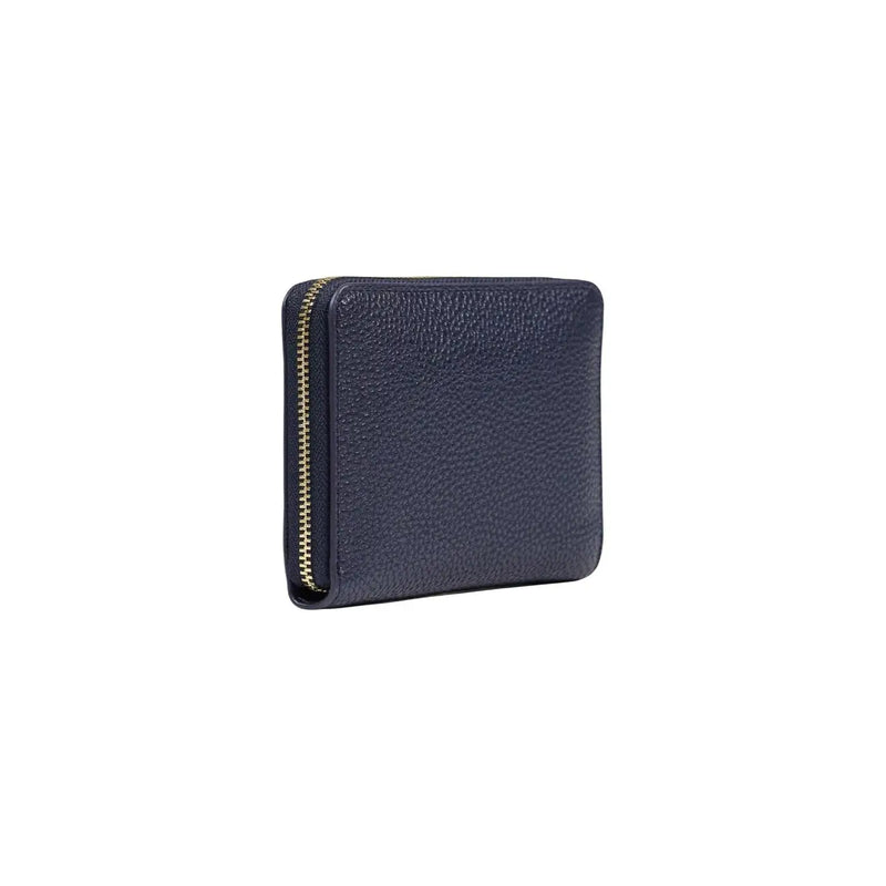 Tommy Hilfiger Portefeuille femme en cuir grainé bleu foncé avec fermeture éclair dorée et poches zippées moyennes, format 14 cm.