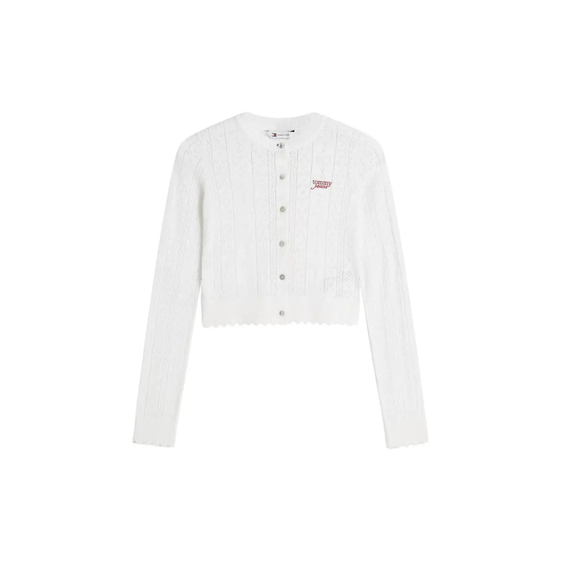 White tommy hilfiger cropped cardigan with ribbed texture and button front in round neck design for women