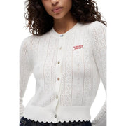 Tommy Hilfiger women white cardigan with intricate eyelet patterns and scalloped hem in soft cotton knit