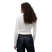 Tommy Hilfiger women white knitted cardigan with round neck, scalloped hem, and subtle vertical ribbing