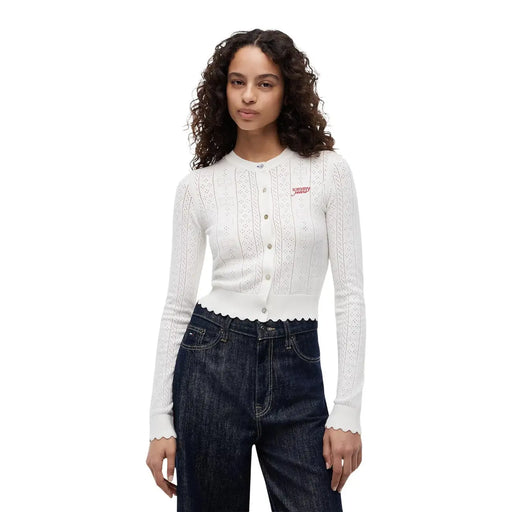 Tommy Hilfiger Cardigan blanc pour femme, en tissu doux, avec col rond, ourlet festonné et manches longues boutonnées sur le devant.