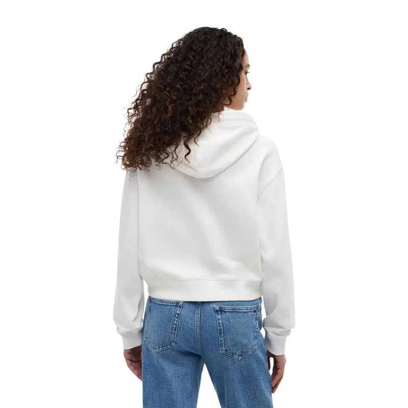 Tommy Hilfiger women white cotton hooded sweatshirt with soft relaxed fit ribbed cuffs and hem