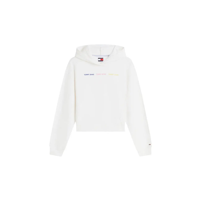Tommy Hilfiger women white cotton cropped hoodie with subtle multicolored branding and classic logo tag at neckline