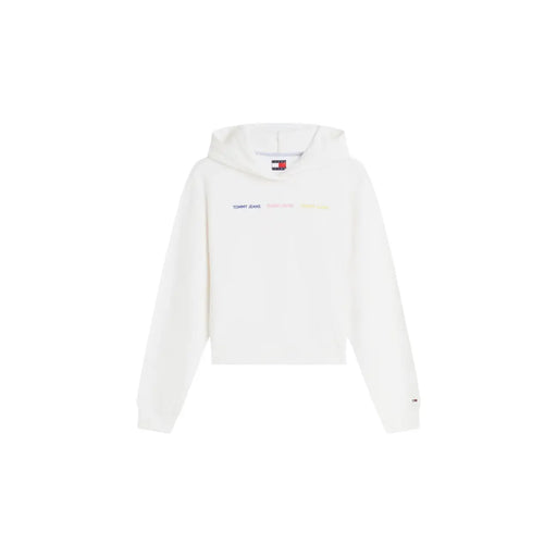 Tommy Hilfiger Sweat à capuche court en coton blanc pour femme, orné d'un logo multicolore discret et d'une étiquette logo classique au niveau du col.