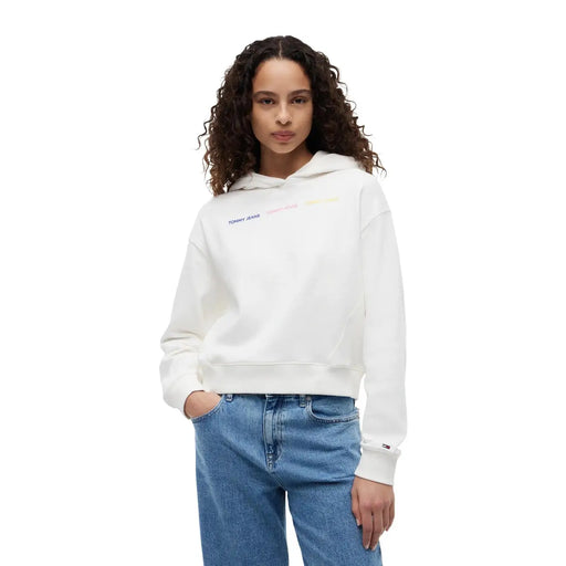 Tommy Hilfiger Sweat-shirt à capuche blanc en coton pour femme, orné d'un logo brodé coloré sur la poitrine et style Tommy Jeans.