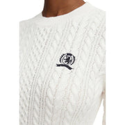 Tommy Hilfiger Pull en maille torsadée blanche en coton pour femme, avec logo brodé noir sur la poitrine