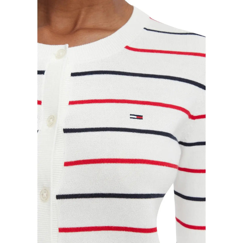 Tommy Hilfiger Gilet en maille blanche pour femme, à rayures rouges et noires, en coton biologique, avec un petit logo