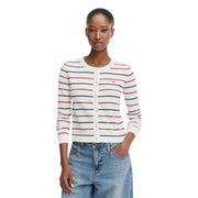 Tommy Hilfiger Gilet en maille blanche pour femme, en coton biologique, à rayures blanches, rouges et noires et fermeture boutonnée sur le devant.