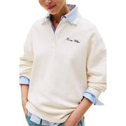 Tommy Hilfiger womens white long sleeve polo sweatshirt with cream fabric and blue accents