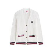 Tommy Hilfiger women white organic cotton cable-knit cardigan with red and navy striped trim on cuffs hem and pockets