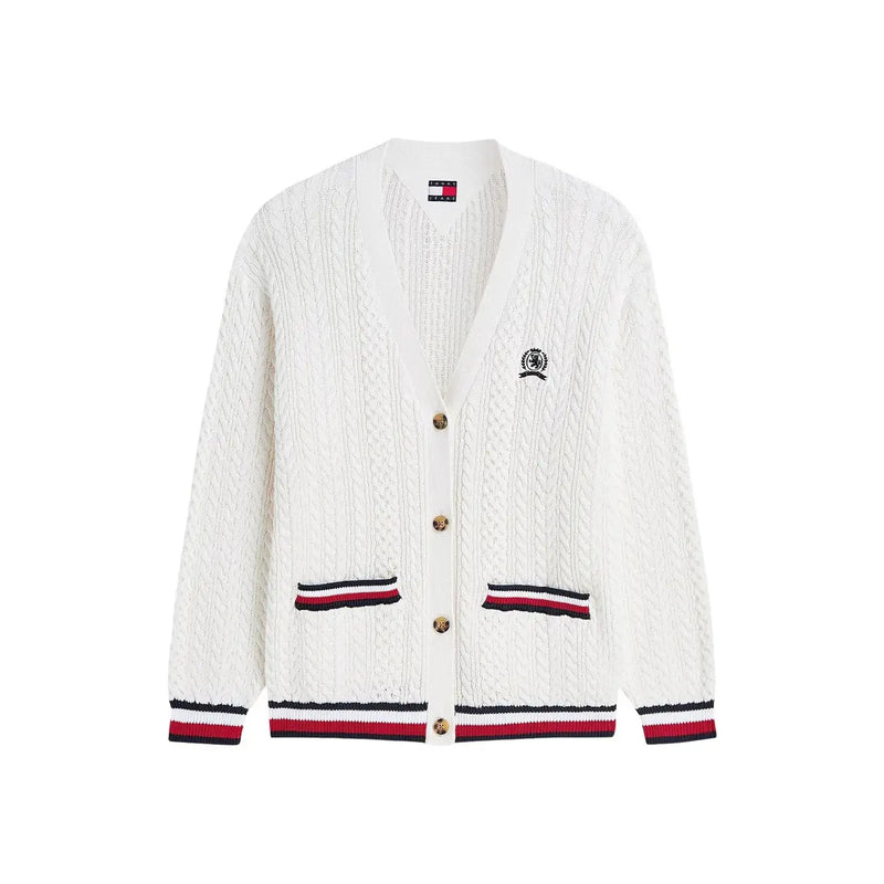 Tommy Hilfiger women white organic cotton cable-knit cardigan with red and navy striped trim on cuffs hem and pockets