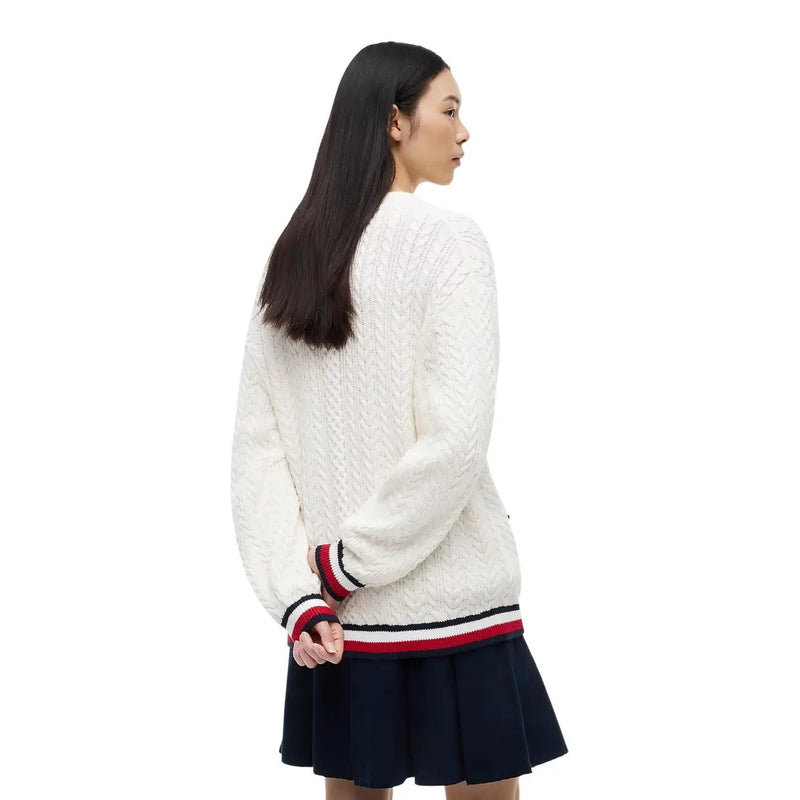 Tommy Hilfiger women white organic cotton knitwear cable-knit sweater with red and navy trim on cuffs and hem