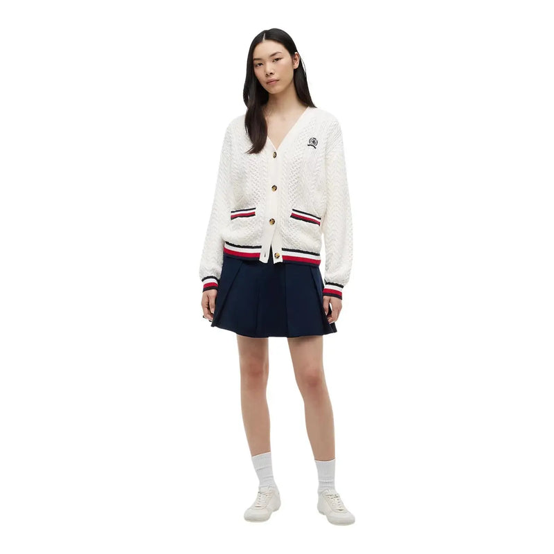 Tommy Hilfiger women white organic cotton cardigan with red and navy striped trim and embroidered logo on left chest
